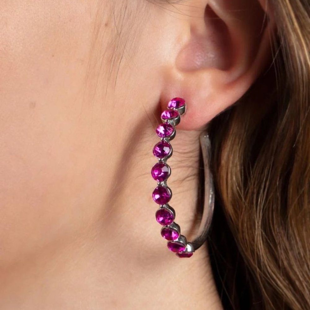 Earrings, Hoops, Silver frame, Fuchsia rhinestones